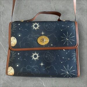 Celestial Print Navy Crossbody Bag with Brown Trim
